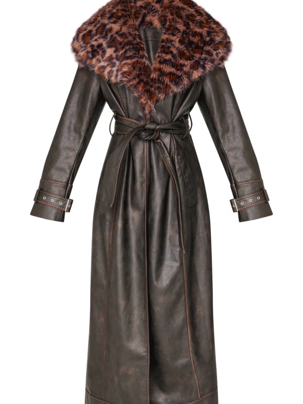 PrettyLittleThing Brown Leather Trench Coat with Leopard Fur Collar